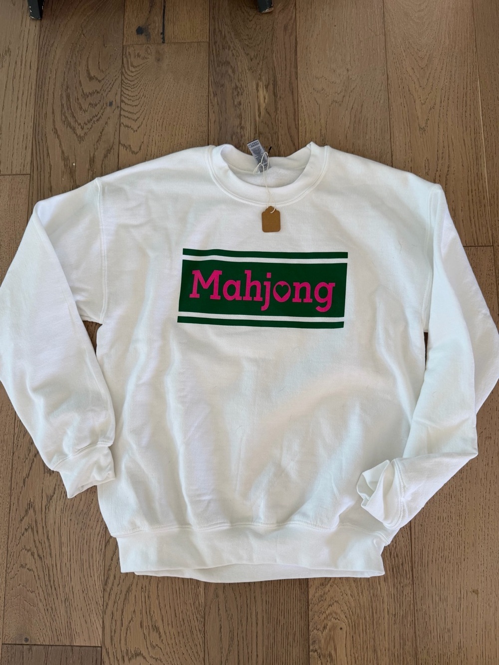 Mahjong Graphic Crewneck Sweatshirt - White with Pink & Green Logo